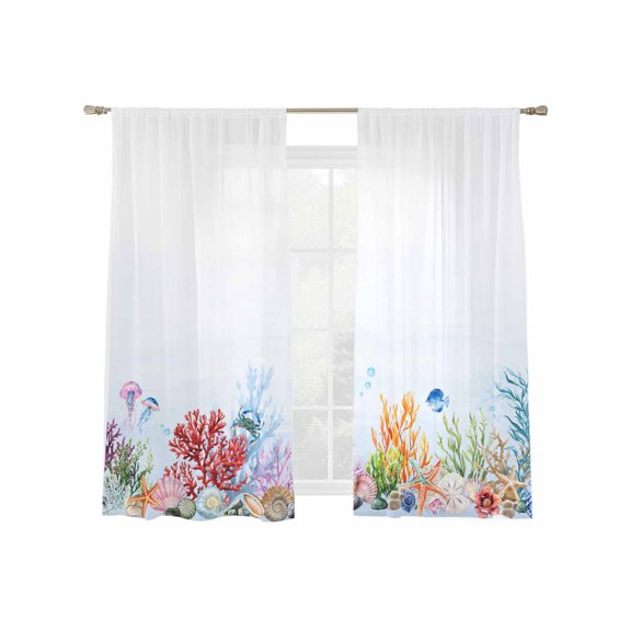 Marine Life Sheer Curtains 72 Inch Long 2 Panels, Ocean Fish Shell Coral Starfish Light Filtering Rod Pocket Curtains, Sheer Voile Drapes for Living Room Bedroom, 52"x72"