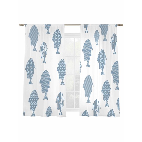 Marine Life Sheer Curtains 72 Inch Long 2 Panels, Watercolor Oceans Blue Fish Silhouettes Stripes Light Filtering Rod Pocket Curtains, Sheer Voile Drapes for Living Room Bedroom, 52"x72"
