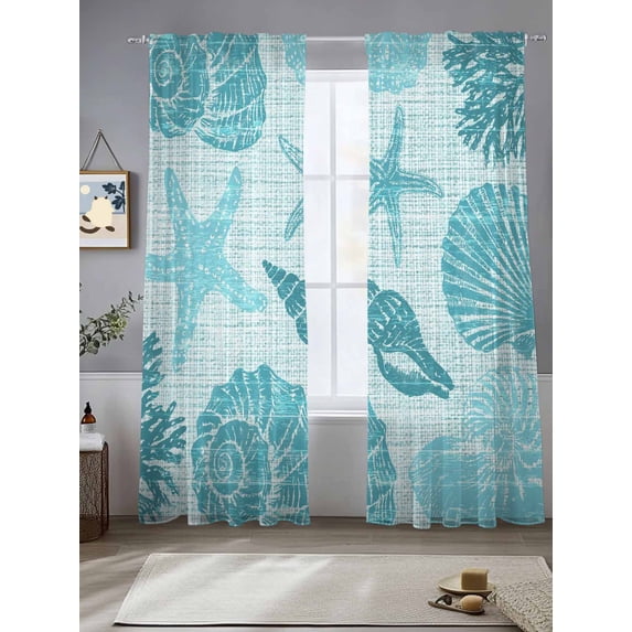 Marine Life Sheer Curtains 84 inches Long, Green Starfish Conch Coral Linen Texture Ocean Light Filtering Sheer Window Curtains Rod Pocket Voile Drapes for Bedroom Living Room, 2 Panels