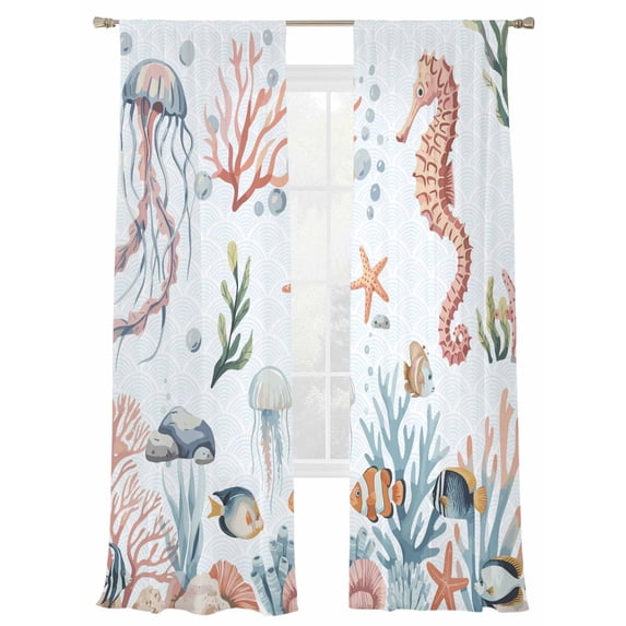 Marine Life Sheer Curtains 96 Inch Long 2 Panels, Seahorse Coral Jellyfish Fish Summer Cartoon Oceans Light Filtering Rod Pocket Curtains, Sheer Voile Drapes for Living Room Bedroom, 52"x96"