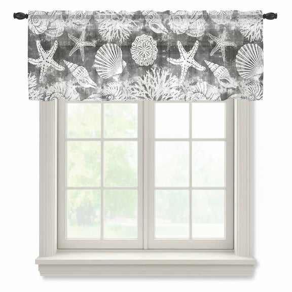 Marine Life Sheer Valances for Windows, Grey Black Sea Starfish Shells Conch Grey Semi Sheer Kitchen Valance Rod Pocket Small Voile Window Curtains for Living Room Bedroom 42 x 12 Inch