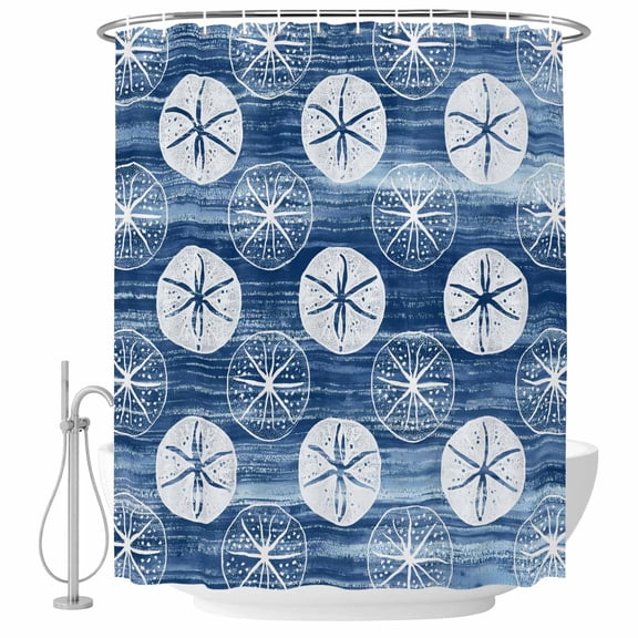 Marine Life Shower Curtain for Bathroom, Summer Beach Sea Biscuit Blue Sand Dollar Waterproof Cloth Fabric Bathroom Accessories Set with 9 Rust Proof Plastic Hooks, 36"x72"