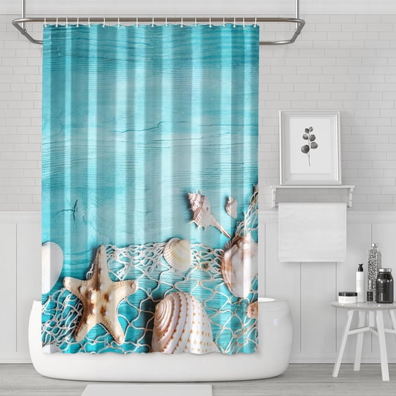 Marine Life Shower Curtain with Nautical Seashell, Starfish, Tropical Coral, and Cute Spiral Seashell Print, Beach Sea and Fish Pattern, Waterproof Fabric with Hooks