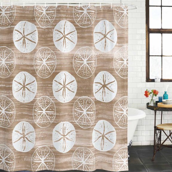 Marine Life Shower Curtain, Summer Beach Sea Biscuit Khaki Sand Dollar Waterproof Washable Shower Curtain for Bathroom Bathtub Partition Bath Decoration Set with Hooks 36x72in