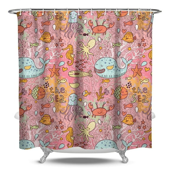 Marine Life Shower Curtain - Vibrant Crab & Tropical Ocean Art, Waterproof Reusable Bathroom Decor for Coastal Homes,84x72in