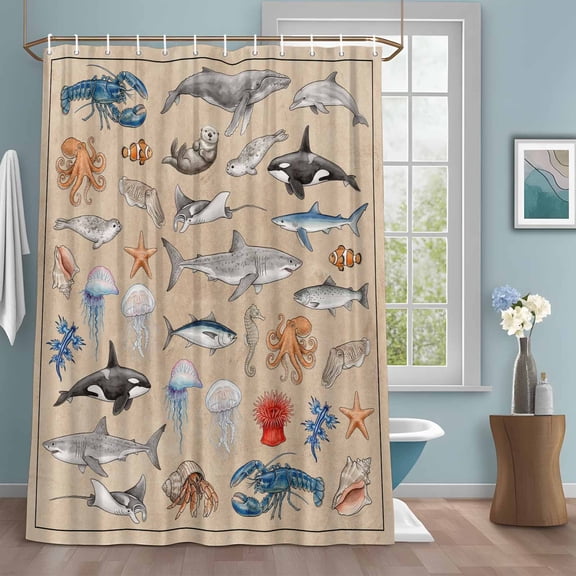 Marine Life Shower Curtains for Bathroom, Retro Shark Whale Lobster Jellyfish Linen Texture Washable Fabric Shower Curtain with Hooks Waterproof Bathroom Decor Sets, 72 x 72 Inches