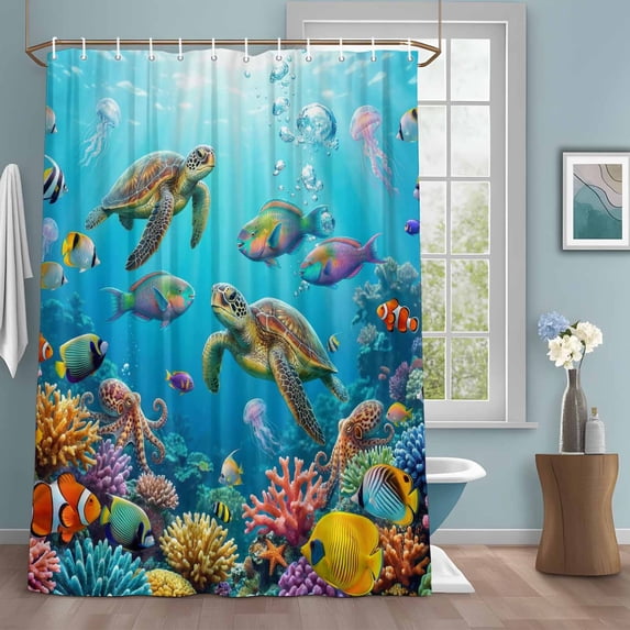 Marine Life Shower Curtains for Bathroom, Sea Turtles Fish Coral Octopuses Jellyfish Oceans Washable Fabric Shower Curtain with Hooks Waterproof Bathroom Decor Sets, 60 x 72 Inches