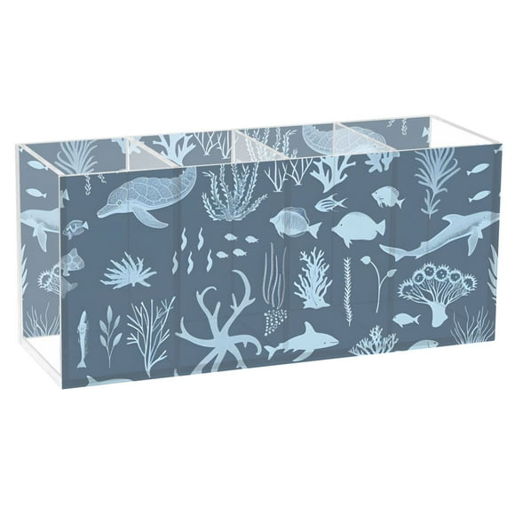Marine Life Silhouettes Acrylic Pencil Pen Holder Cup 4 Compartments Desktop Organiser 7.87"x2.78"x3.54"