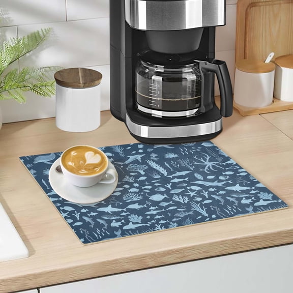 Marine Life Silhouettes Dish Drying Mat 12"x18" Kitchen Counter Dish Pad Microfiber Absorbent Drainer Rack for Coffee Bar