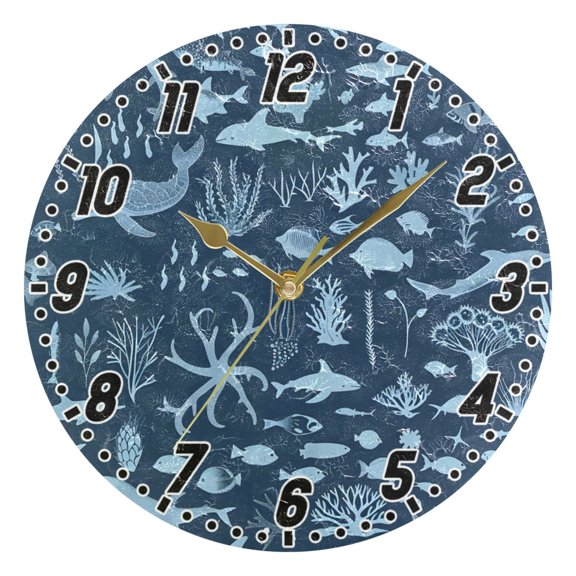 Marine Life Silhouettes Round Wall Clock Battery Operated Silent Non-Ticking Bedroom Office Kitchen Home School Decor 10"(Gold)