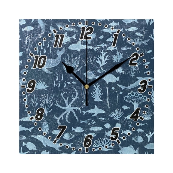 Marine Life Silhouettes Wall Clock Battery Operated Silent Non-Ticking Bedroom Office Kitchen Home School Decor 7.8"(Black)