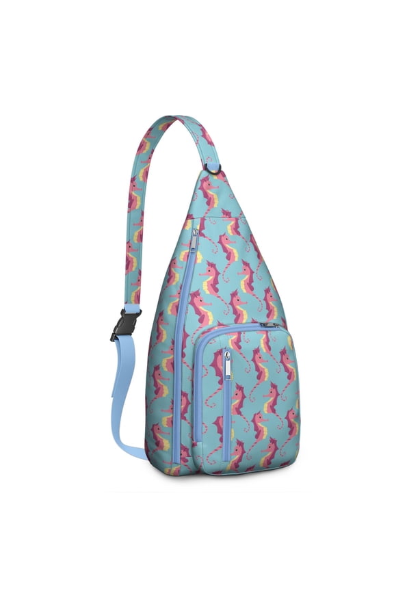 Marine Life Sling Backpack - Cute Cartoon Seahorse & Seashells Pattern Crossbody Bag, Multi-Functional Waterproof Shoulder Pack for Swimming, Travel and Outdoor Activities