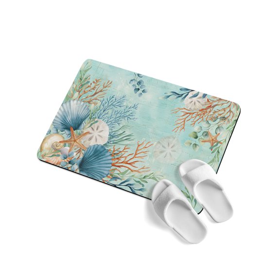 Marine Life Soft Diatomaceous Earth Mat, Blue Shell Coral Eucalyptus Leaves Green Background Absorbent Bath Mat Non Slip Rubber Backed Quick Dry Doormat Fit Under Door for Bathroom Kitchen 24"x36"