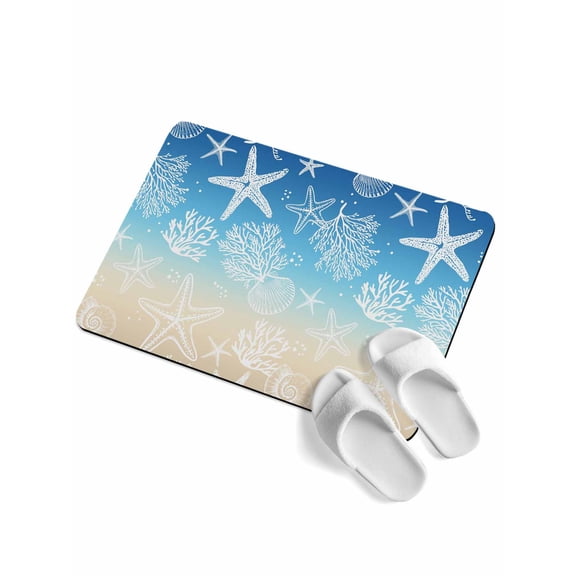 Marine Life Soft Diatomaceous Earth Mat, Starfish Coral Shell Gradient Blue Brown Ocean Absorbent Bath Mat Non Slip Rubber Backed Quick Dry Doormat Fit Under Door for Bathroom Kitchen 16"x24"