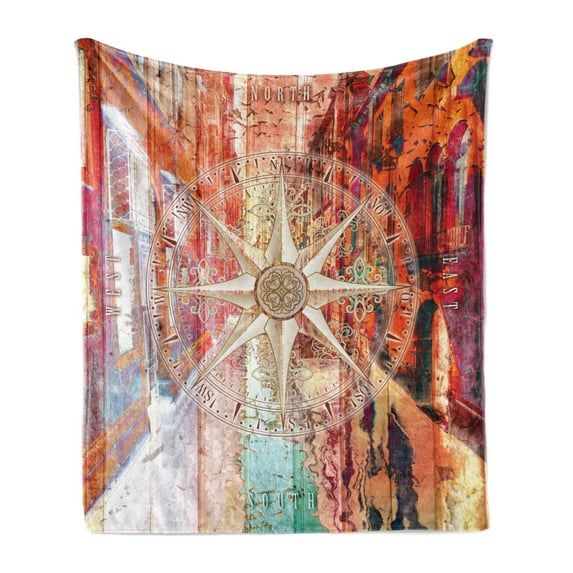 Marine Life Soft Flannel Fleece Blanket, European Venice City Blurry Abstract Backdrop with Navy Sea Compass Art Print, Cozy Plush for Indoor and Outdoor Use, 70" x 90", Multicolor, by Ambesonne