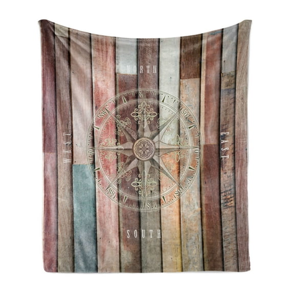 Marine Life Soft Flannel Fleece Throw Blanket, Navy Sea Yacht Themed Colorful Wood Backdrop Rudder like Compass Image, Cozy Plush for Indoor and Outdoor Use, 60" x 80", Multicolor, by Ambesonne