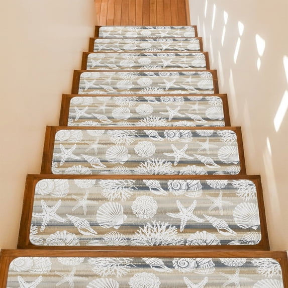 Marine Life Stair Treads Non Slip for Steps Brown White Sea Starfish Shells Conch Beige Grey 15 Pcs Reusable Adhesive Stair Runner Mats for Dogs Elders Carpet Treads Rugs for Staircase 8x30 In