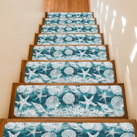 Marine Life Stair Treads Non Slip for Steps Brown White Sea Starfish Shells Conch Teal 7 Pcs Reusable Adhesive Stair Runner Mats for Dogs Elders Carpet Treads Rugs for Staircase 8x30 In