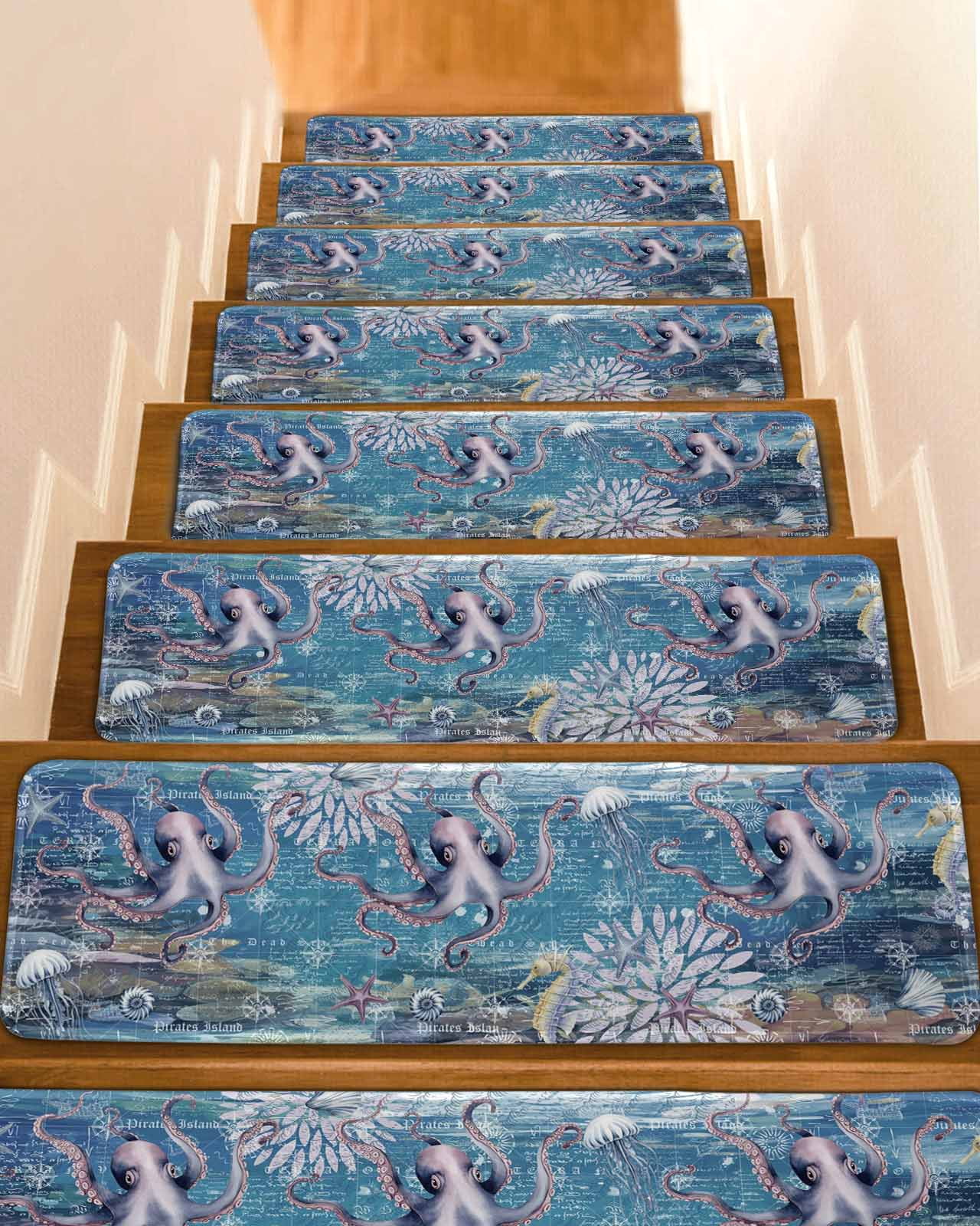 Marine Life Stair Treads Octopus Shells Seahorse Retro Nautical Ocean ...
