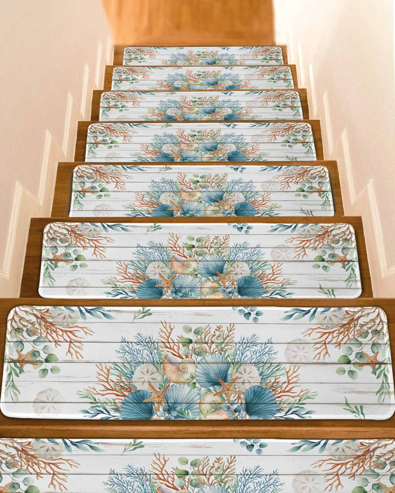 Marine Life Stair Treads Shell Coral Eucalyptus Leaves Wood Grain ...