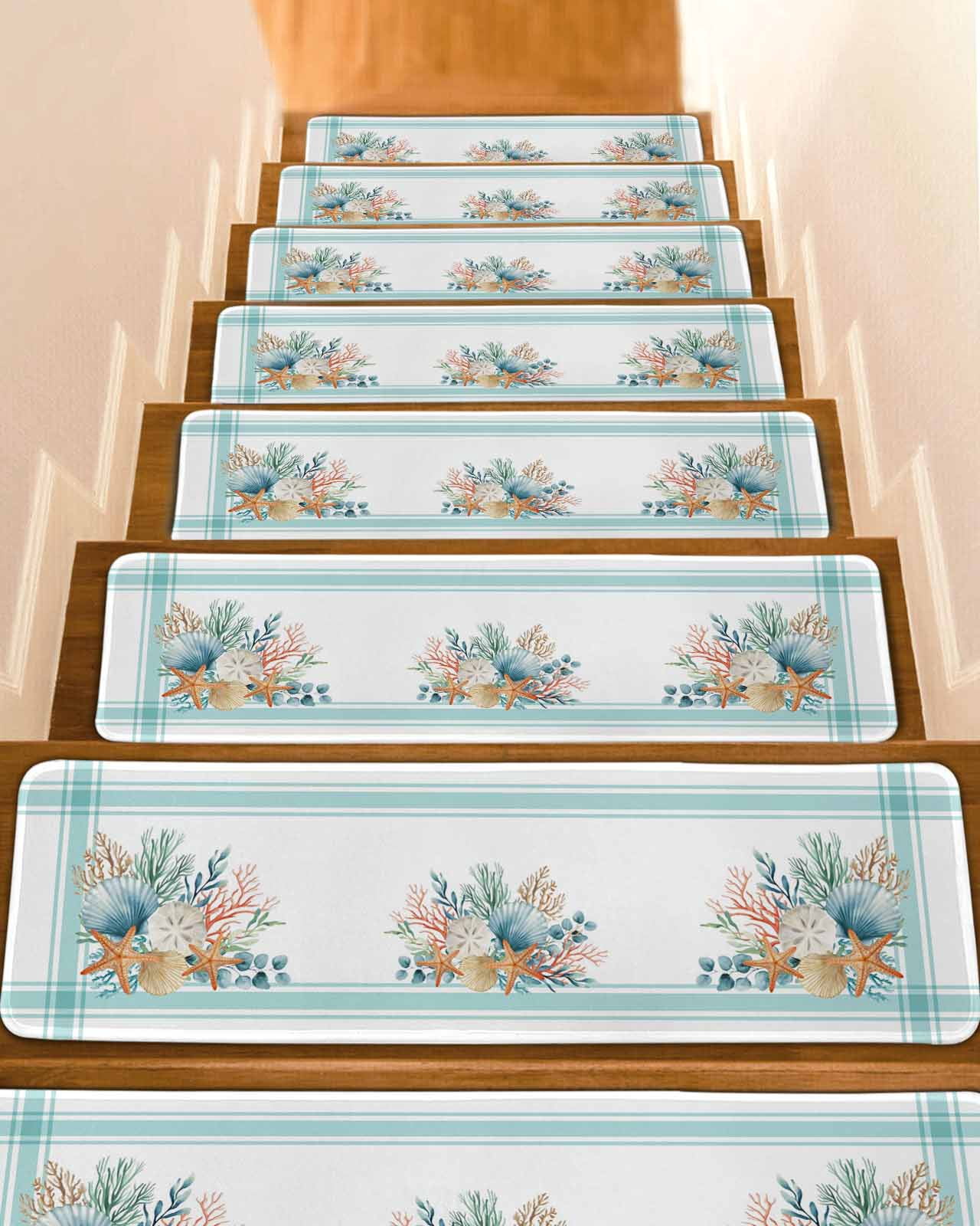 Marine Life Stair Treads Starfish Shell Coral Green Striped Eucalyptus ...