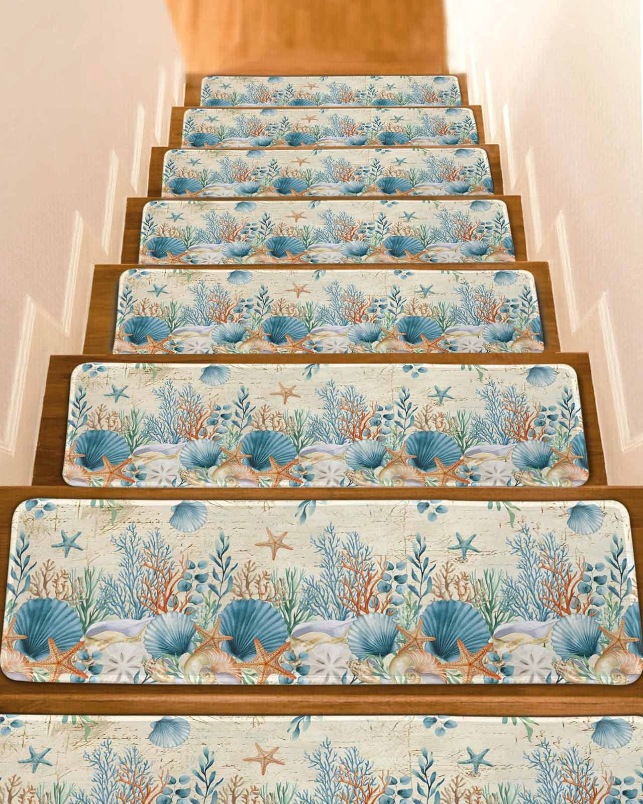 Marine Life Stair Treads Vintage Shell Starfish Coral Eucalyptus Leaves ...