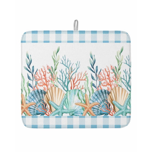 Marine Life Starfish Shell Coral Dish Drying Mats for Kitchen Counter,Absorbent Microfiber Dish Drainer Rack Mat Ocean Theme Blue Checker Drying Pad for Sinks,Utensils,Countertops,16x18in