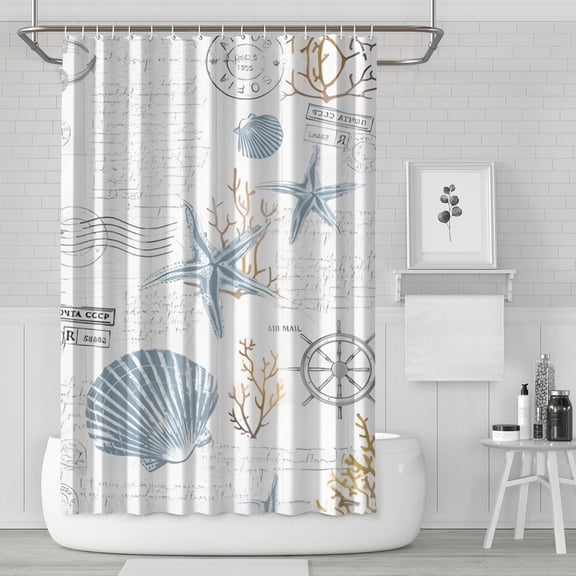 Marine Life Starfish Shower Curtain 72x72 Inch Waterproof Polyester Fabric with Hooks, Featuring Bright Coral Reef and Starfish Patterns for Nautical Decor