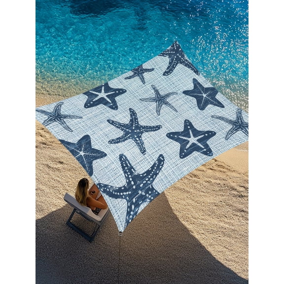 Marine Life Sun Shade Sail 12' x 16', Navy Blue Starfish Ocean Linen Texture Vintage Rectangle Outdoor Sunshade Canopy, Waterproof UV Block Patio Covers for Garden Yard Beach