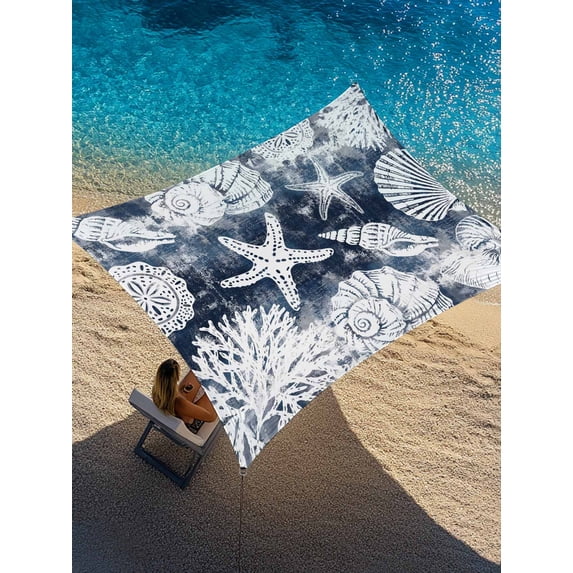 Marine Life Sun Shade Sail 14' x 18', Brown White Sea Starfish Shells Conch Dark Blue Rectangle Outdoor Sunshade Canopy, Waterproof UV Block Patio Covers for Garden Yard Beach