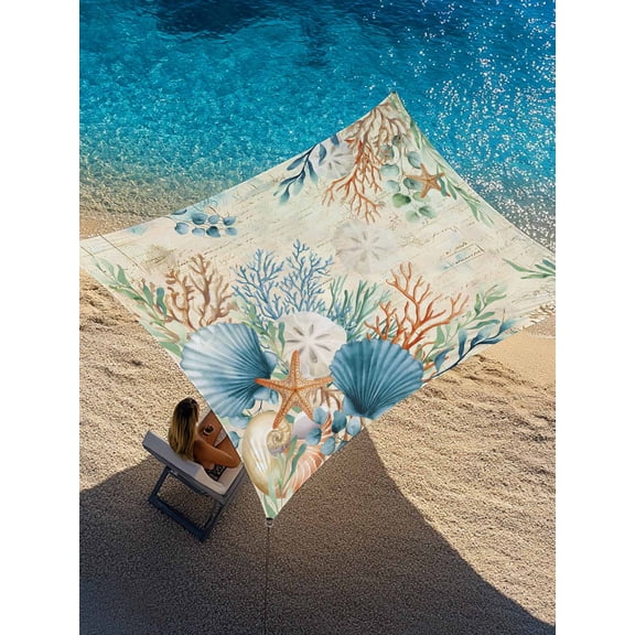 Marine Life Sun Shade Sail 6.5' x 10', Blue Shell Coral Eucalyptus Leaves Vintage Paper Rectangle Outdoor Sunshade Canopy, Waterproof UV Block Patio Covers for Garden Yard Beach