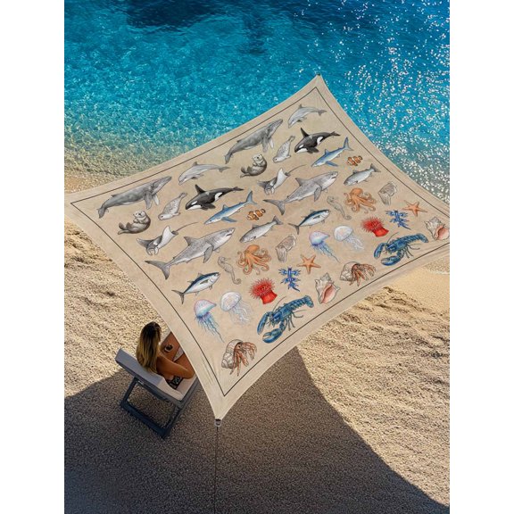 Marine Life Sun Shade Sail 6.5' x 10', Retro Shark Whale Lobster Jellyfish Linen Texture Rectangle Outdoor Sunshade Canopy, Waterproof UV Block Patio Covers for Garden Yard Beach
