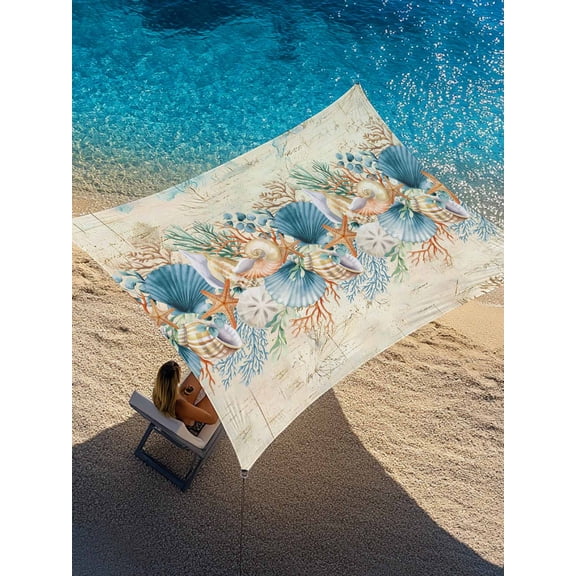 Marine Life Sun Shade Sail 8' x 10', Blue Shell Coral Starfish Eucalyptus Leaves Retro Paper Rectangle Outdoor Sunshade Canopy, Waterproof UV Block Patio Covers for Garden Yard Beach