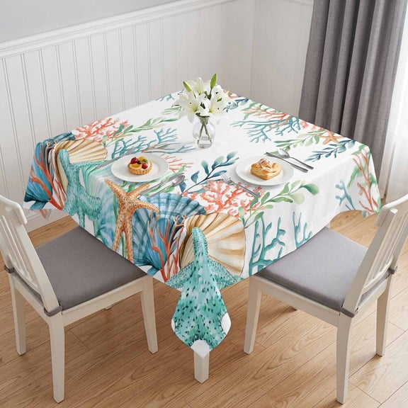 Marine Life Table Cloth Waterproof Tablecloths, Nautical Underwater Coral Shell Starfish Watercolor Tablecloth Dining Table Cover for Kitchen Party Tabletop Outdoor, Square Tablecloth 54x54 Inch