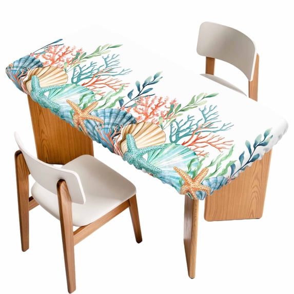 Marine Life Table Cloths for 5 Foot Rectangle Tables, Nautical Underwater Coral Shell Starfish Watercolor Patio Waterproof Elastic Fitted Tablecloths, Washable Rectangular Table Cover for Camping