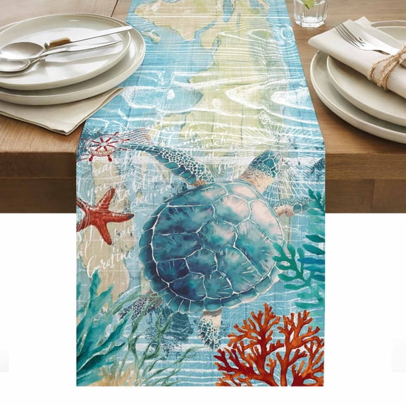 Marine Life Table Runner 13 x 72 Inch, Turtle Nautical Green Sea Starfish Coral Seaweed Blue Ocean Washable Cotton Linen Dining Table Runner Tabletop Decorations for Restaurant Home Kitchen Party