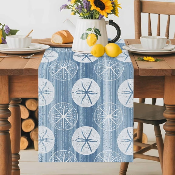 Marine Life Table Runner 13x36 Inch Summer Beach Sea Biscuit Light Blue Sand Dollar Cotton Linen Dining Table Runner Ideal for Dresser Kitchen Coffee Tables - Machine Washable