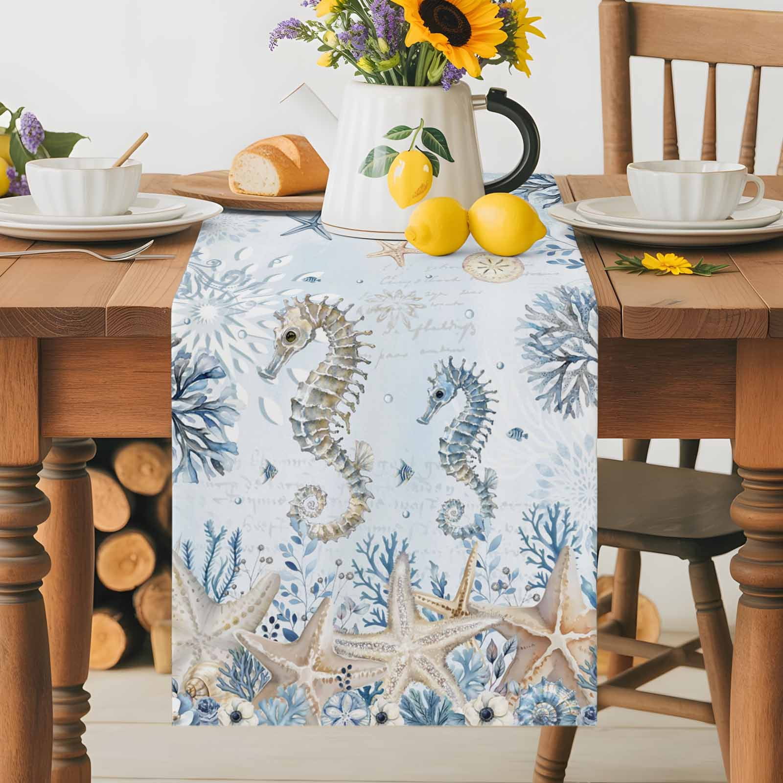Runner Seashell Marine Life Table Runner 13x36 Inch Watercolor Ocean Seahorse Coral ...