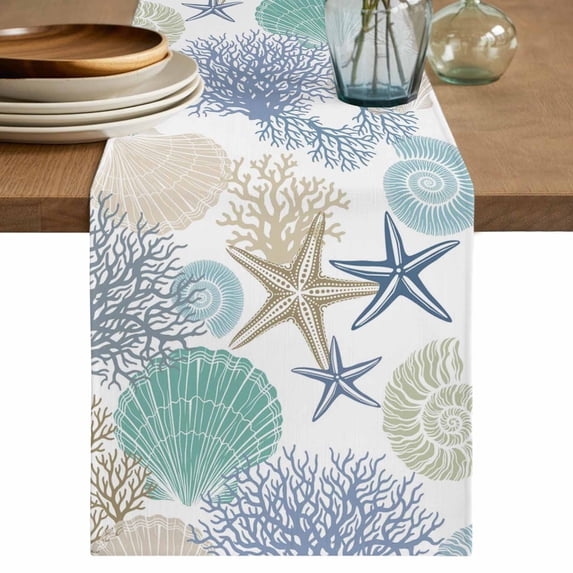 Marine Life Table Runner 90 Inches, Summer Coastal Nautical Coral Conch Seashells Bed Runner Dresser Scarves Tabletop for Indoor Outdoor Parties/Ceremony/Banquet, 13" x 90"