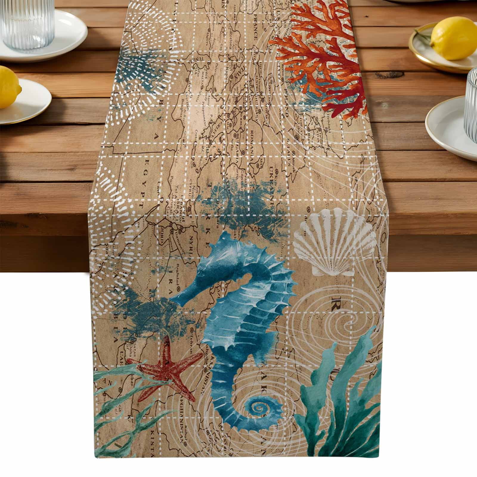 Shell Table Runner Marine Life Table Runner, Hippocampus Starfish Shell Coral Seaweed Blue ...