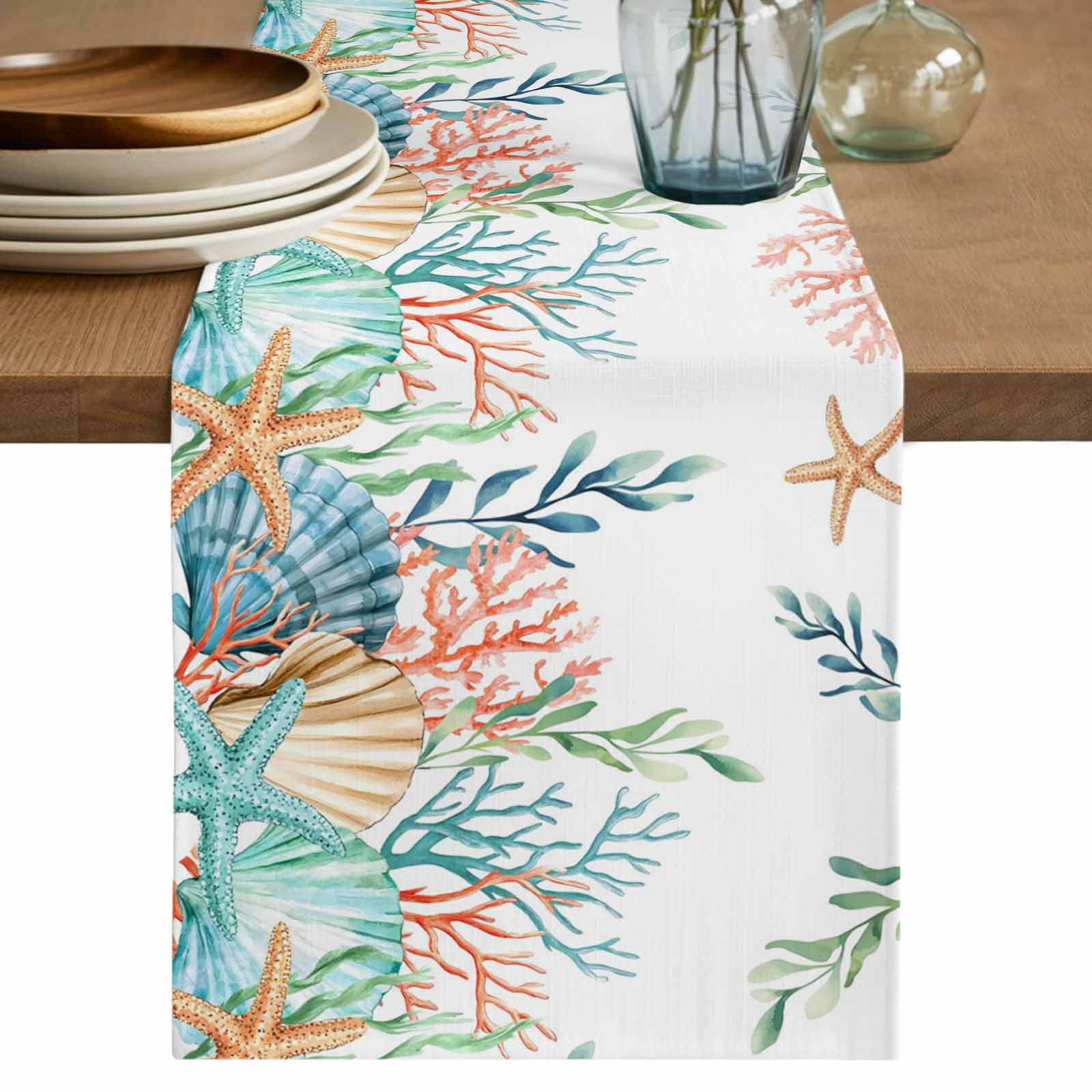 Marine Life Table Runner, Nautical Underwater Coral Shell Starfish ...