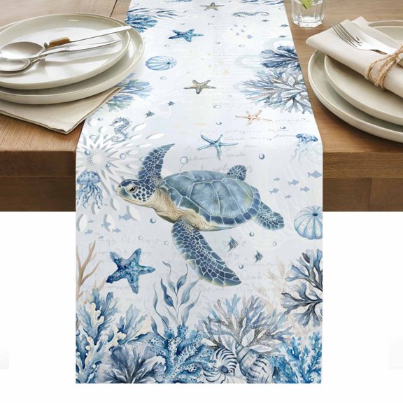 Marine Life Table Runner Ocean Turtle Coral Starfish Seashell Coastal Undersea World Table Runners Dresser Scarves Holiday Kitchen Dining Table Decoration for Home Party Indoor 13x36 Inch