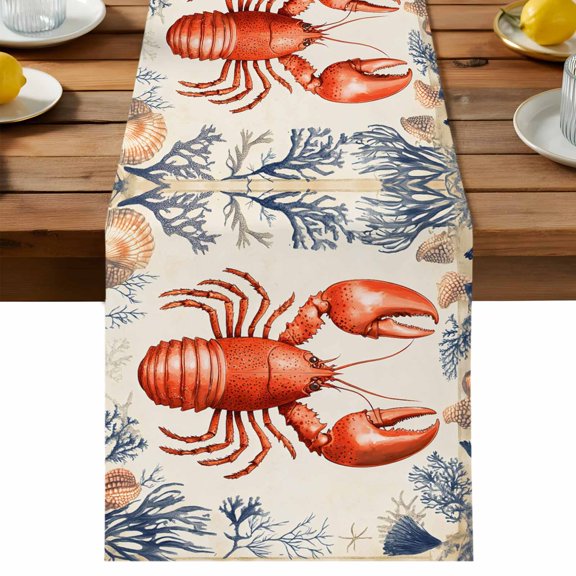 Marine Life Table Runner, Red Lobster Shell Seaweed Cotton Linen Table Cloth, Tablerunner for Kitchen Dining Party Wedding Home Decor 13x36 Inch