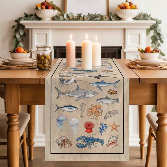 Marine Life Table Runner, Retro Shark Whale Lobster Jellyfish Linen Texture Cotton Linen Kitchen Table Decoration Washable Dining Tabletop Runners for Home Party Decor 13x48 Inches