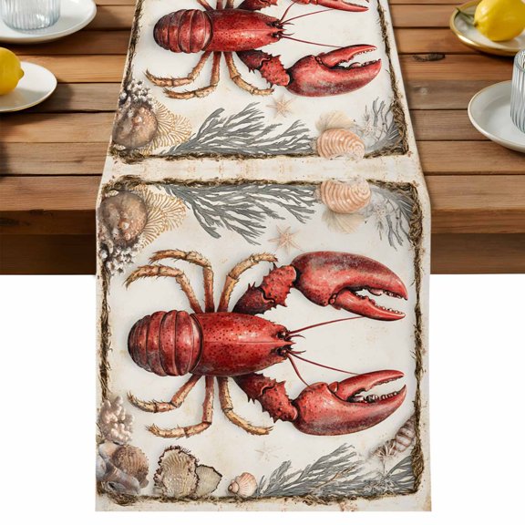 Marine Life Table Runner, Shell Red Lobster Coral Cotton Linen Table Cloth, Tablerunner for Kitchen Dining Party Wedding Home Decor 13x36 Inch
