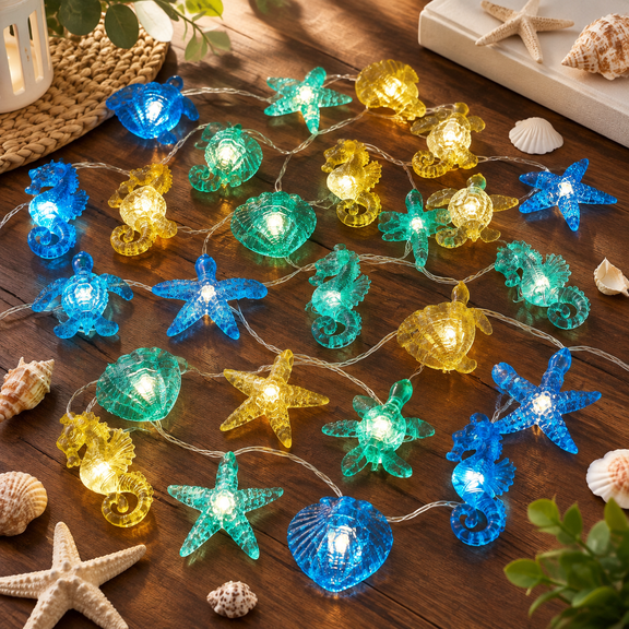 Marine Life Themed String Lights, 10ft 30LED Sea Turtle Seahorse Starfish Decor