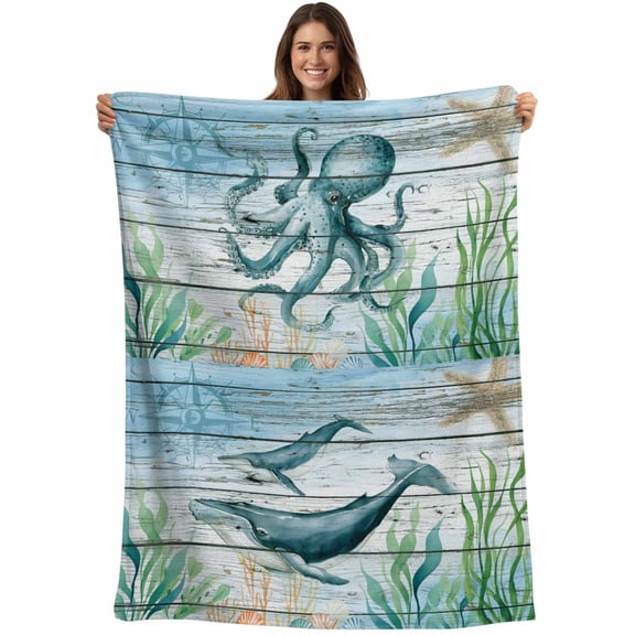 Marine Life Throw Blankets, Turtle Octopus Whale Compass Starfish Soft Fleece Blanket Decorative for Home Sofa Couch Chair Living Bedroom, 50x60 inches,