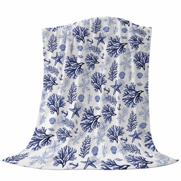 Marine Life Throw Flannel Blanket Blue Starfish Shell Coral Watercolor Ocean Coastal Super Soft Cozy Bed Blanket, Lightweight Plush Fuzzy Bed Throw for Bedroom Sofa Couch Living Room 30x40In,