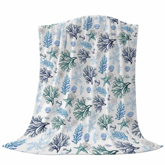 Marine Life Throw Flannel Blanket Blue Starfish Shell Coral Watercolor Ocean Super Soft Cozy Bed Blanket, Lightweight Plush Fuzzy Bed Throw for Bedroom Sofa Couch Living Room 60x80In,