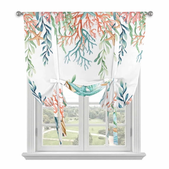 Marine Life Tie Up Curtains for Windows, Adjustable Balloon Window Shades, Nautical Underwater Coral Shell Starfish Watercolor Kitchen Window Treatments Farmhouse Short Curtains 42"x45"